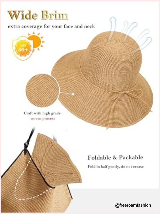 Straw Bucket Sun Hat Wide Brim Packable UV Protection UPF 50+ Travel Beach main image 4